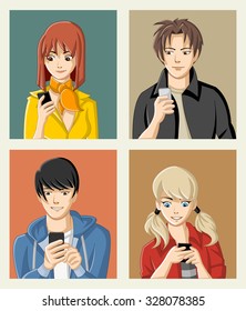 Group of cartoon young people with smart phones. Manga anime teenagers.