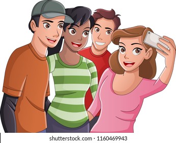 Group of cartoon young people taking selfie photo. Picture of teenagers.
