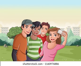 Group of cartoon young people taking selfie photo in the park.