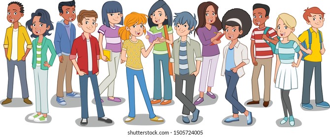 Group of cartoon young people. Teenager students.