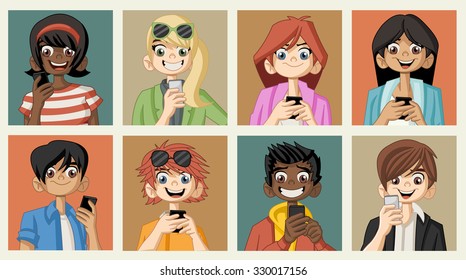Group of cartoon young people. Teenagers.