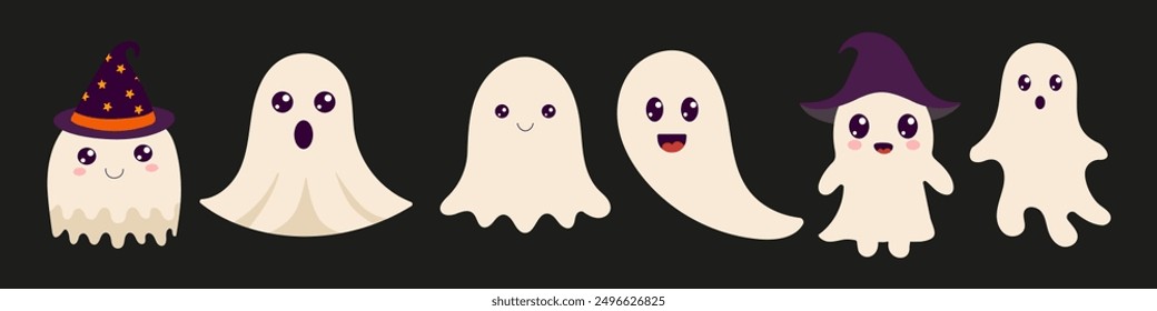 A group of cartoonish Halloween ghosts are lined up on a black background. The ghosts are all smiling and wearing hats, and they are all different sizes