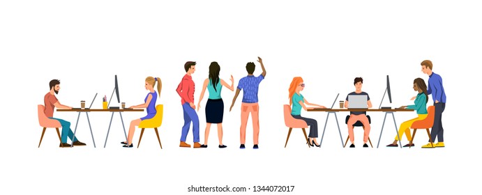 A group of casual business people working in an office as a team. Vector illustration.