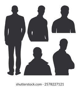 Group of Casual Men Standing Silhouettes. Black Men Silhouette on White Background.