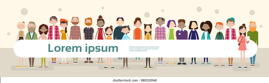 Group Casual People Big Crowd Diverse Ethnic Mix Race Banner Flat Vector illustration