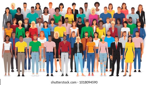 Group of casual people standing on a white background, Big crowd diverse ethnic, Vector illustration