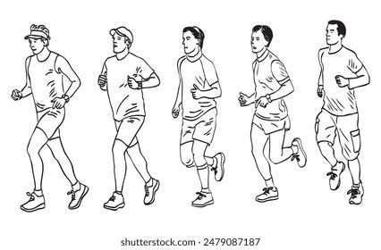 Group of casual young city men on wellness jogging outdoors, realistic contour drawing, vector hand drawn illustration isolated on white