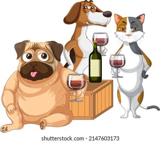 A group of cat and dog drinking wine illustration