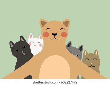Group of cat friends taking selfie. Isolated vector Illustration