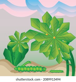A group of caterpillars that walk towards the tree trunk in search of food. beautiful vector illustration