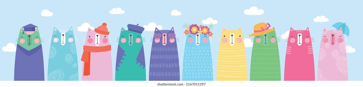 Group of cats. Collection of cute characters for kids. Set of pets. Sticker for social media and picture for printing on clothes. Cartoon flat vector illustrations isolated on sky background