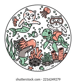 a group of cats diving in the sea illustration