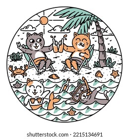 A group of cats doing activities on the beach illustration