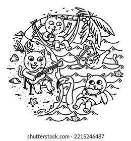 A group of cats doing activities on the beach line illustration