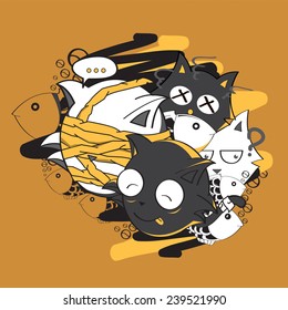 Group cats happy and funny with fish