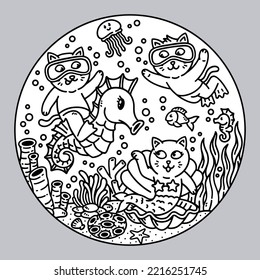 a group of cats having fun in the sea illustration