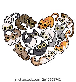 Group of cats making a love sign cartoon illustration. Cute cats love sign art