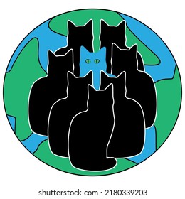 A group of cats on the background of the globe. Concept design.