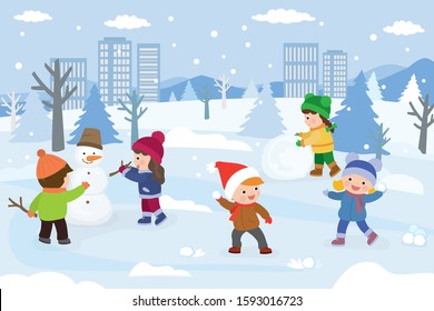 A group of caucasian children are playing in the park. Winter background. Kids games in the snow. Preschoolers make a snowman and play snowballs. Holidays and vacation,outdoors activity. Vector
