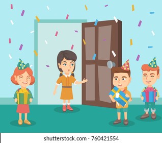 Group of caucasian kids arranged a surprise birthday party for their friend. Kids with birthday gifts came to a surprise birthday party to their friend. Vector cartoon illustration. Square layout.