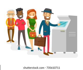 Group of Caucasian white and African-american young and senior people standing in a queue to the ATM. Multicultural happy people queuing to withdraw cash at ATM. Vector isolated cartoon illustration.