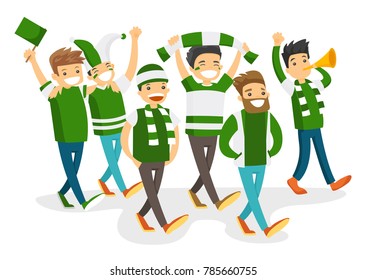 Group of caucasian white happy sport fans in green outfit cheering for their team. Football fans with flag and scarfs strolling. Vector cartoon illustration isolated on white background.