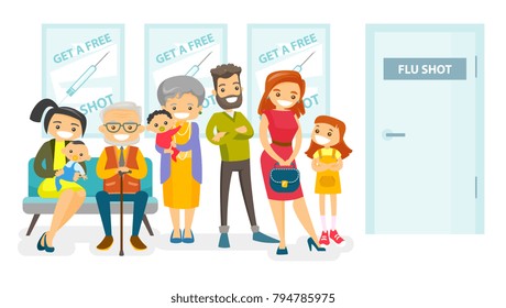 Group Of Caucasian White Young And Senior People Waiting In A Queue In The Hospital To Get A Free Flu Shot. Patients Waiting For A Doctor In The Hospital Lobby. Vector Isolated Cartoon Illustration