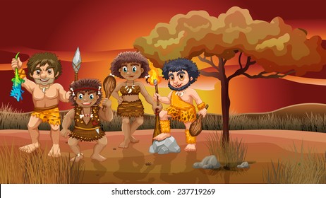 A group of cavemen roaming around the forest