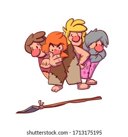 Group of cavemen wondering about a spear
