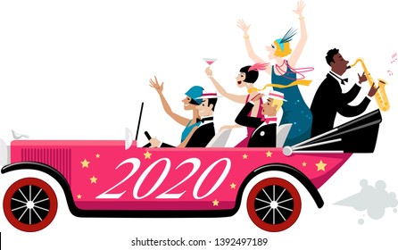Group of celebrating New Year people dressed in 1920s fashion arriving in a vintage car with 2020 painted on it, EPS 8 vector illustration