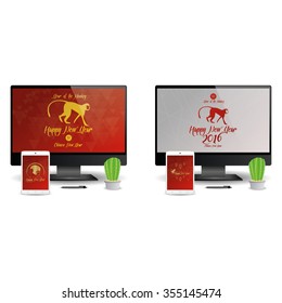 Group of cellphones and computer screens with chinese new year screensavers