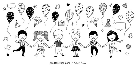 Una cadena grupal de niños felices tomándose de la mano. Concepto de graduación. Conjunto de elementos. Globos de aire, fuegos artificiales, señales de música. Ilustración del doodle de arte de la línea blanca y negra