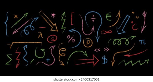 Group of chalk arrows. Hand drawn arrows, punctuation marks, mathematical symbols. Doodle vector illustration. 