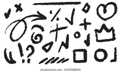 A group of chalked arrows and frames. Black charcoal drawn symbols for drawn diagrams. Vector doodle marker drawing.
