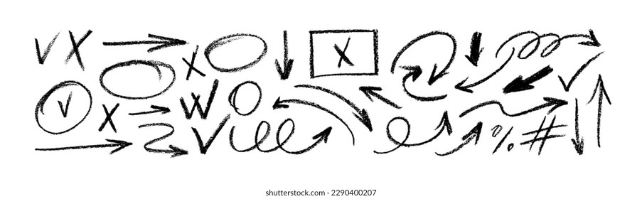 Grupo de flechas y marcos marcados. Símbolos dibujados a mano de carbón negro para diagramas dibujados a mano. Dibujo del marcador de doodle vectorial. Flechas curvas diferentes, giros, cruces, círculos y marcas de verificación a mano libre.