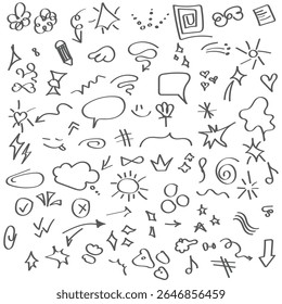 Group of chalked arrows and frames. Hand drawn black charcoal symbols for hand drawn diagrams. Vector doodle marker drawing. Freehand different curved arrows, swirls, crosses, circles and check marks