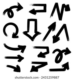 Group of chalked arrows. Hand drawn black charcoal symbols for hand drawn diagrams. Vector doodle marker drawing. Freehand different curved arrows, swirls,