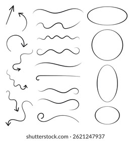 Groupe de flèches et de lignes crayonnées. Symboles au fusain noir dessinés à la main pour les diagrammes dessinés à la main. Dessin de griffonnette d'Image vectorielle. À main levée, différentes flèches courbes, tourbillons, cercles et coches.