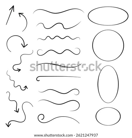 Group of chalked arrows and lines. Hand drawn black charcoal symbols for hand drawn diagrams. Vector doodle marker drawing. Freehand different curved arrows, swirls, circles and check marks.