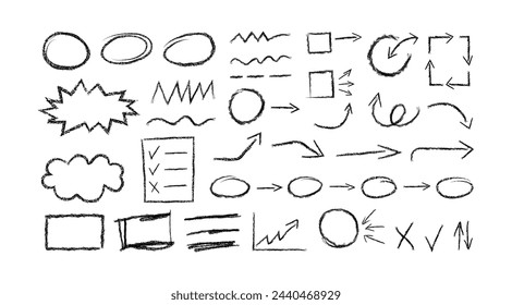 Group of chalked elements, arrows and frames. Hand drawn black charcoal symbols . Vector doodle marker   curved arrows, swirls, crosses, circles and check marks.