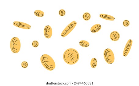 Grupo de monedas de oro dispuestas caóticamente. Ilustración plana de Vector.