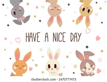 The group of character cartoon cute rabbit and friend with a polka dot with heart in flat vector style. Illustration for background, graphic,content , banner, sticker label and greeting card.