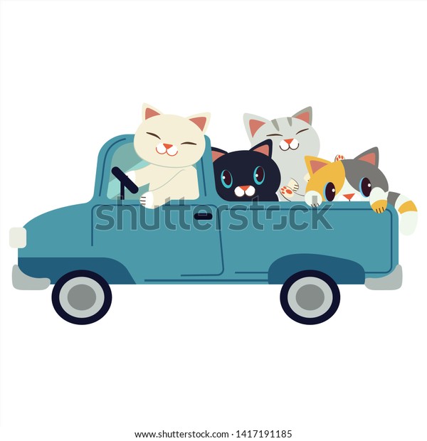 The group of\
character cute cat driving a blue car. The cat driving a blue car\
on the white background with flat vector style.. cat smiling and \
\
they look have happyness.