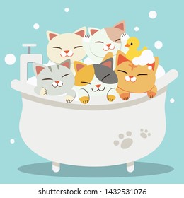 The group of character cute cats taking a bath with bathtub with yellow rubber duck in flat vector style. Illustration about pet grooming
for graphic,content , banner, sticker label and greeting card.