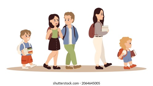 Group character elementary school pupils go to school isolated. Happy pupils holding books surrounded by autumn leaves isolated on white. Collection of children with backpack or bag