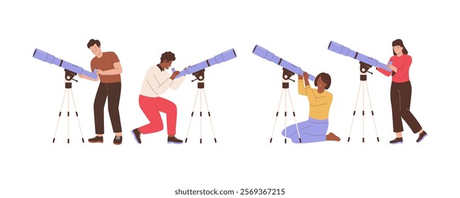 Group character of people looking with telescope. Illustrations for websites, landing pages, mobile apps, posters and banners. Trendy flat vector illustrations