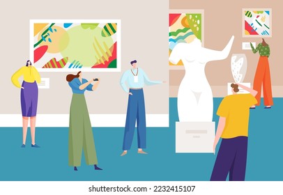 Group of character people together visit art museum, exhibition artwork object picture and sculpture flat vector illustration.