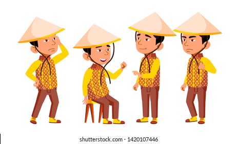 Group Of Character Vietnamese Children Vector. Little Boys In Traditional Clothing And Conical Hat Standing And Sitting, Sad And Smiling. Design Asian Kids Flat Cartoon Illustration