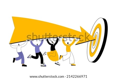 A group of characters carries an arrow pointing to the center of the target. Vector illustration concept.