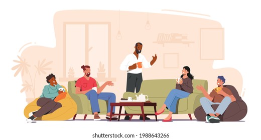 キャラクターのグループは、居間のテーブルに座って、クッキーを食べ、お茶を飲むパーティーを祝います。友人の会社の余暇、週末の余暇、お祝い。漫画の人物のベクターイラスト